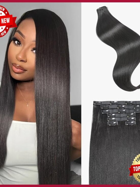 18 Inch Yaki Straight Clip In Hair Extensions, 7 Piece Set, Real Human Hair main image 5